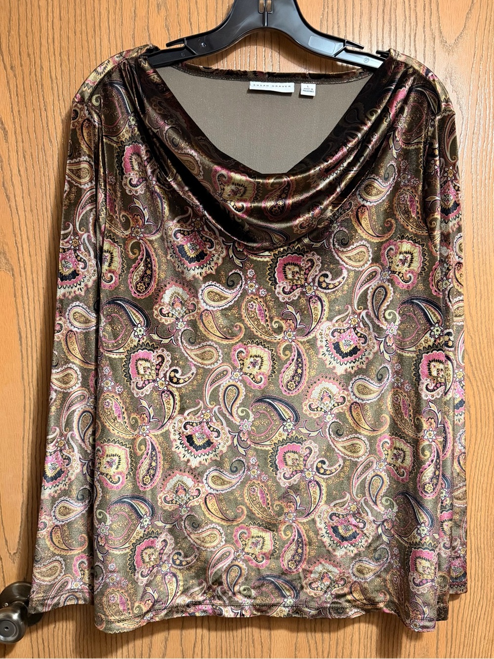 EUC Susan Graver Paisley Top in Green and Pink with a Cowl Neck and Long Sleeves